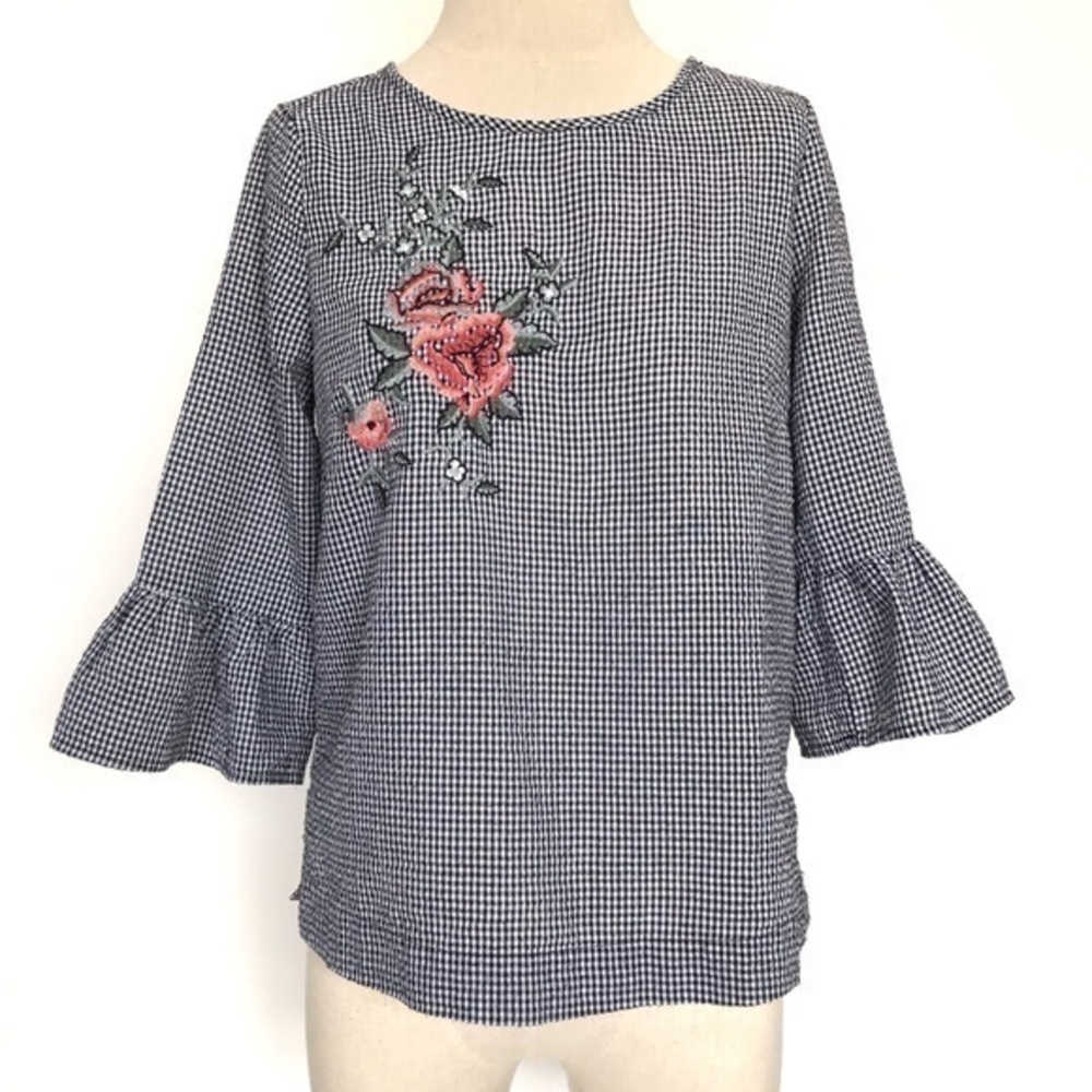 DownEast Embroidered Floral Gingham Blouse Size xs
